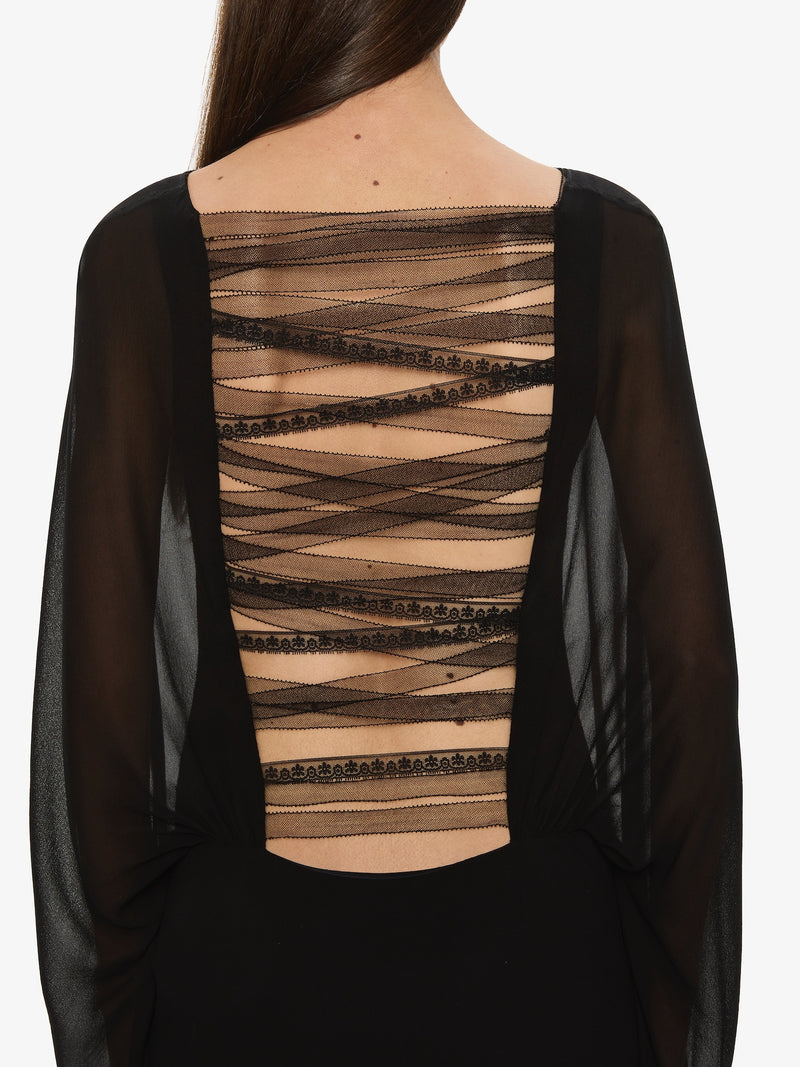 Lattice Lace Silk Blouson Long Dress - Image 4
