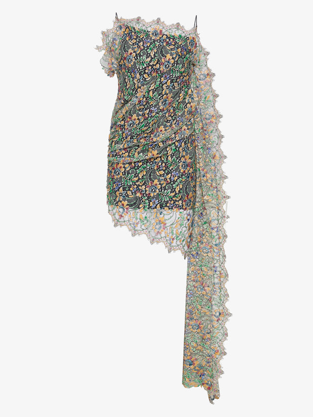 Hand Painted Draped Lace Mini Dress