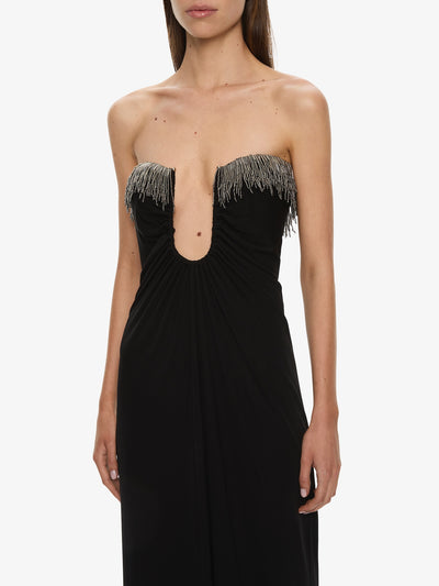 Arced Palm Strapless Fringe Dress