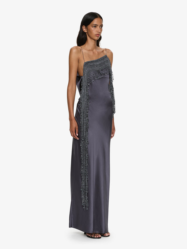 christopher esber crochet fringe strapless dress Christopher Esber Arced Palm Strapless Fringe Dress in Black Size 10