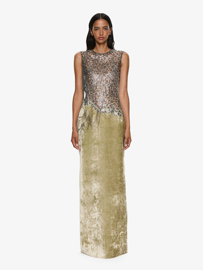 Swept Chain Lace Velvet Column Gown