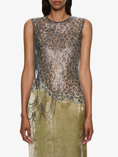 Swept Chain Lace Velvet Column Gown