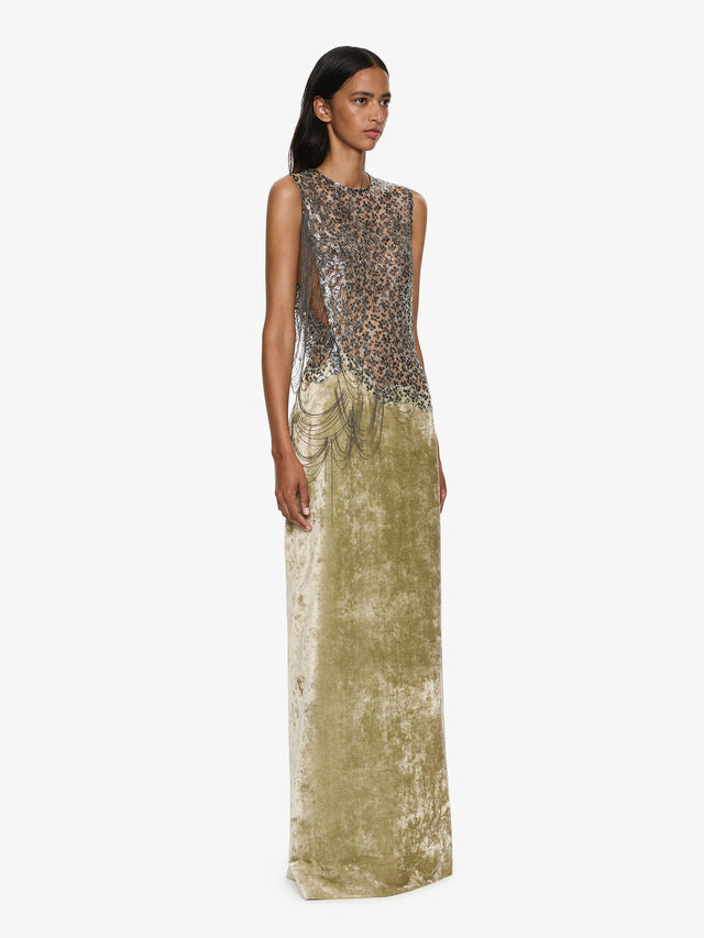 Swept Chain Lace Velvet Column Gown