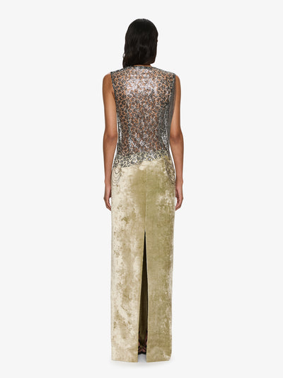 Swept Chain Lace Velvet Column Gown