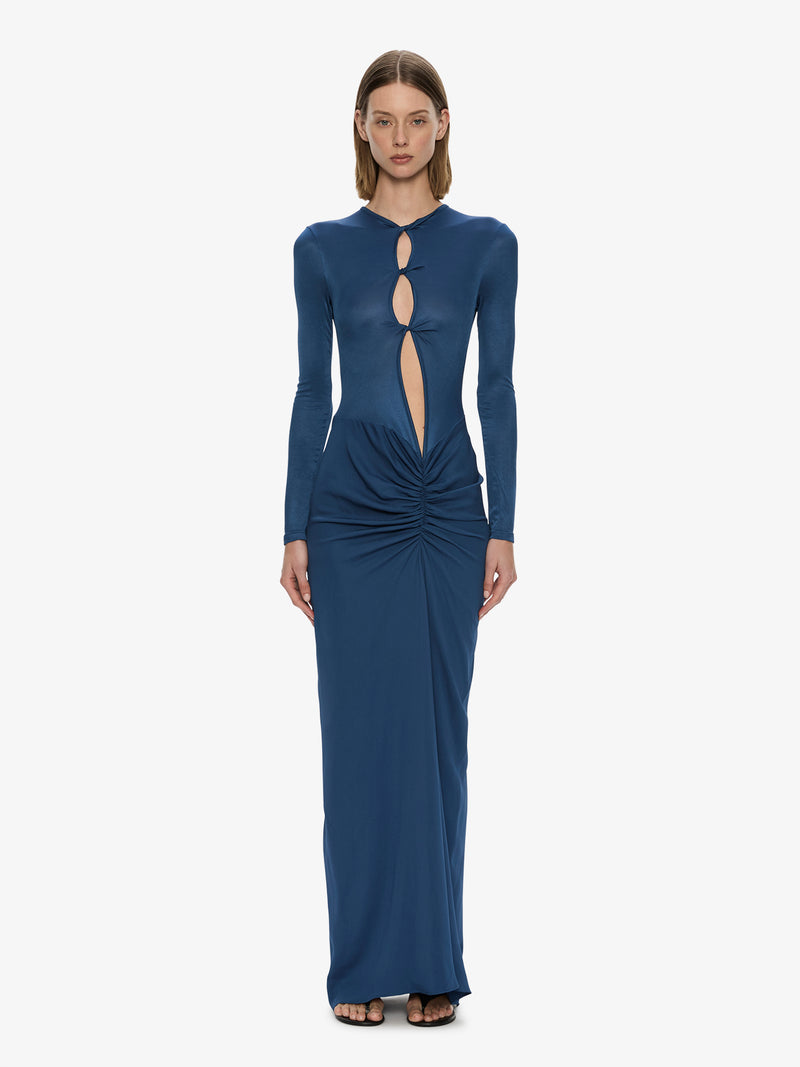 Open Twist Ruched Long Sleeve Dress - Image 1