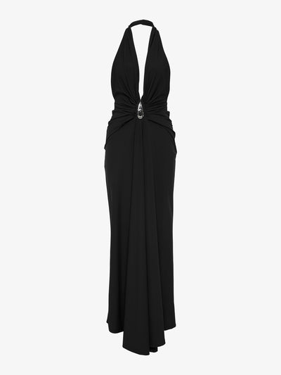 Crystal Pendant Ruched Lycra Halter Dress