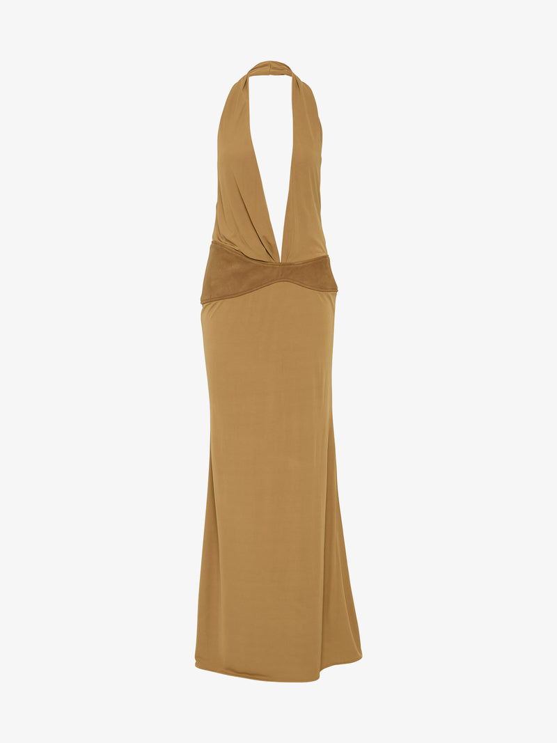 Contour Suede Belted Jersey Halter Gown - Image 5