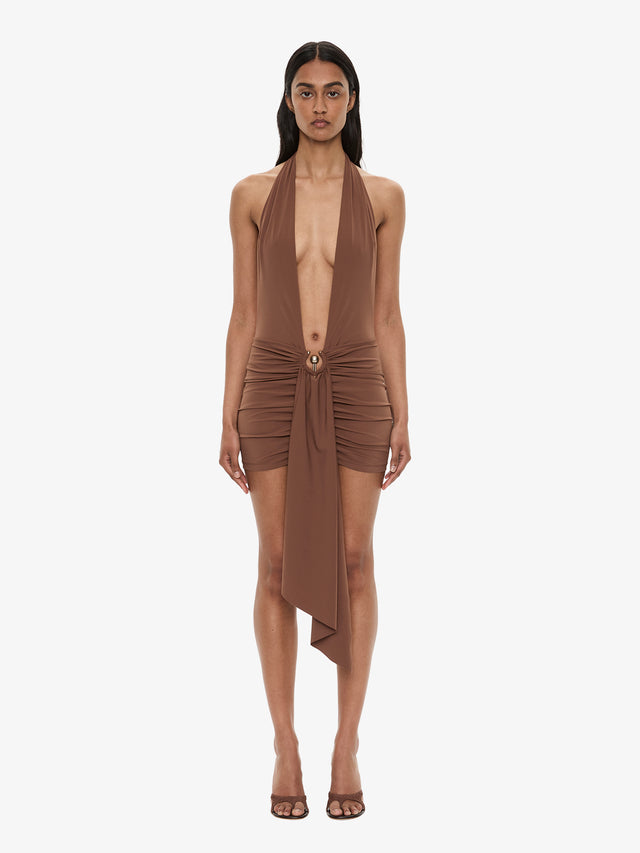 Pierced Orbit Halter Drape Mini Dress
