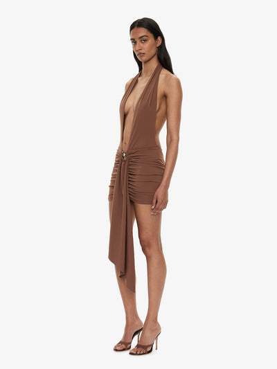 Pierced Orbit Halter Drape Mini Dress