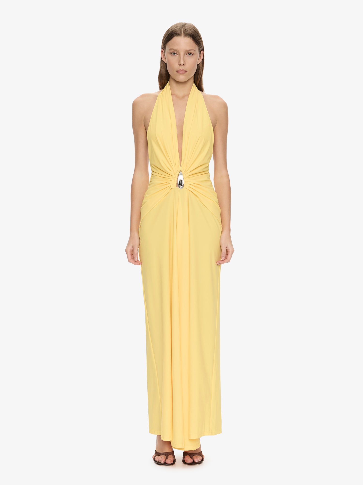 Crystal Pendant Ruched Lycra Halter Dress