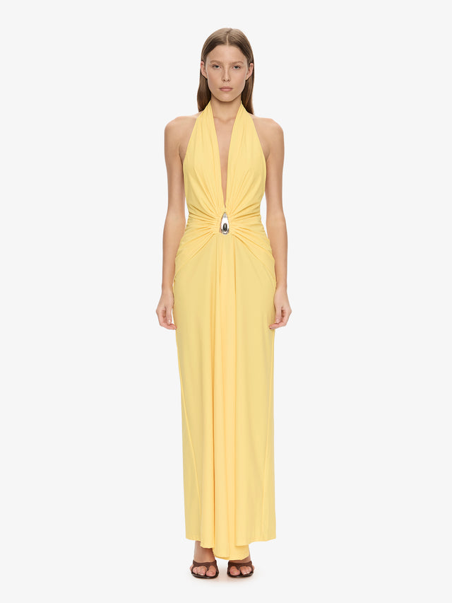Crystal Pendant Ruched Lycra Halter Dress