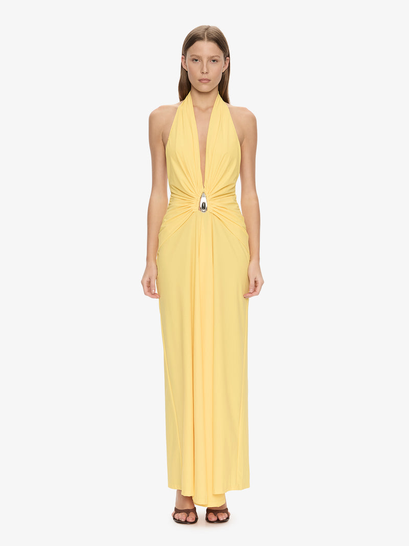Crystal Pendant Ruched Lycra Halter Dress - Image 1