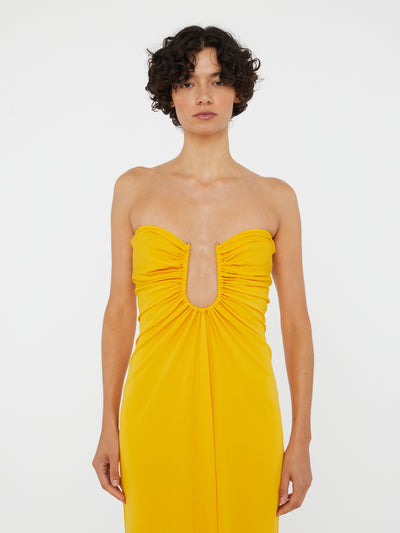 Arced Palm Strapless Dress