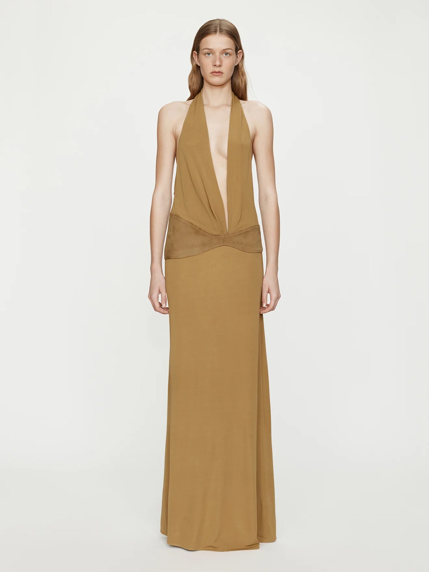 Contour Suede Belted Jersey Halter Gown
