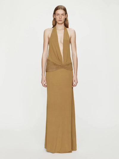 Contour Suede Belted Jersey Halter Gown