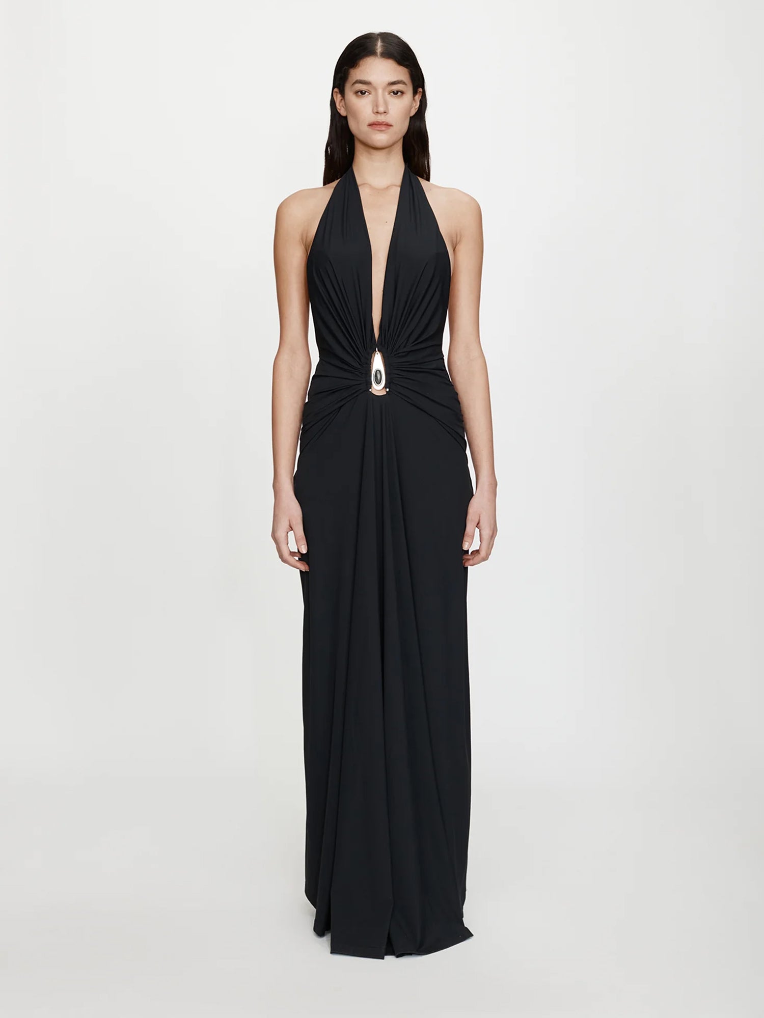 Crystal Pendant Ruched Lycra Halter Dress