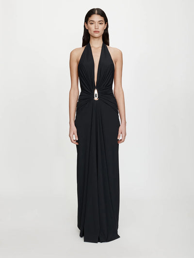 Crystal Pendant Ruched Lycra Halter Dress