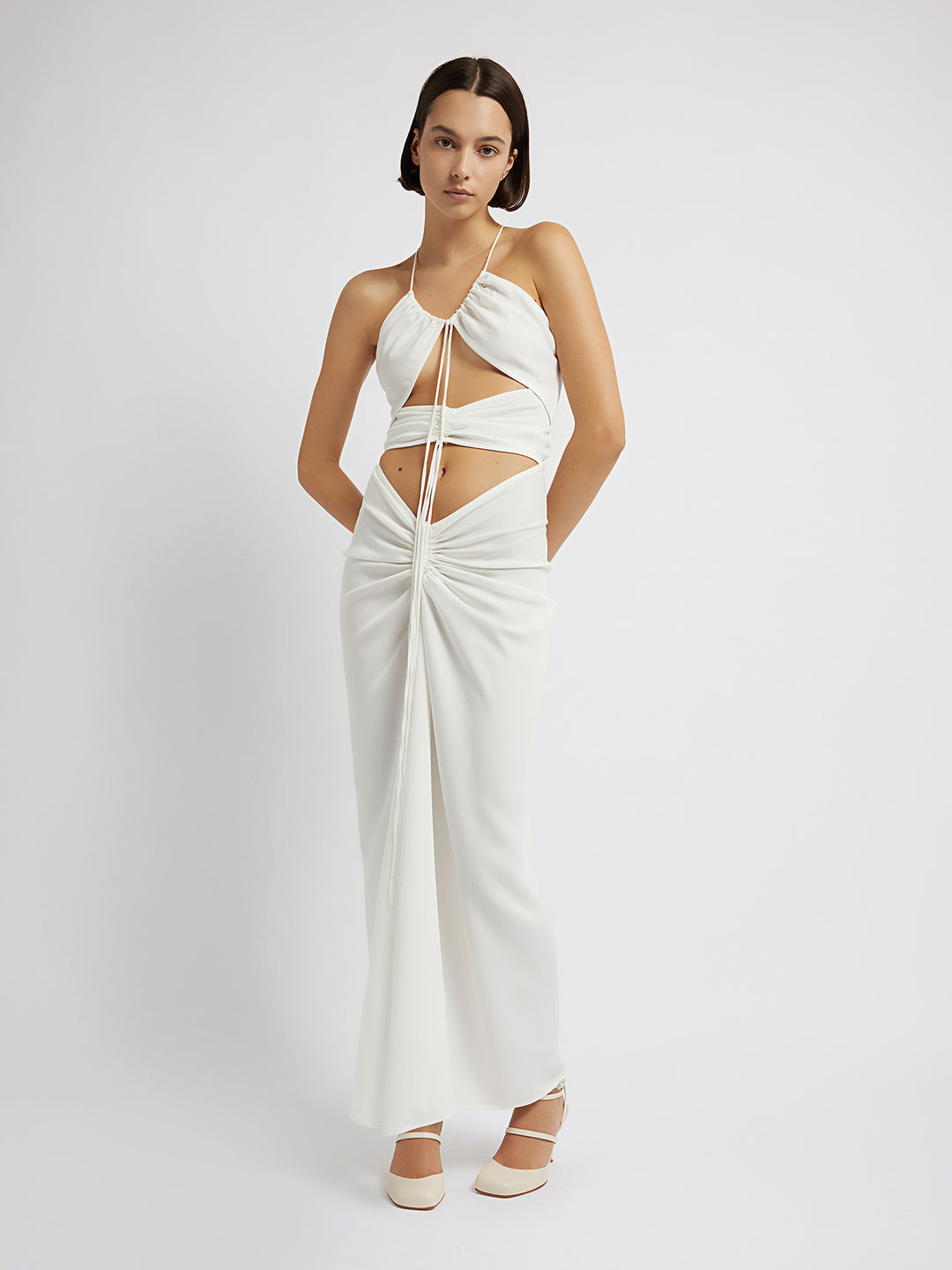 Multi Panel Disconnect Ruched Halter Dress